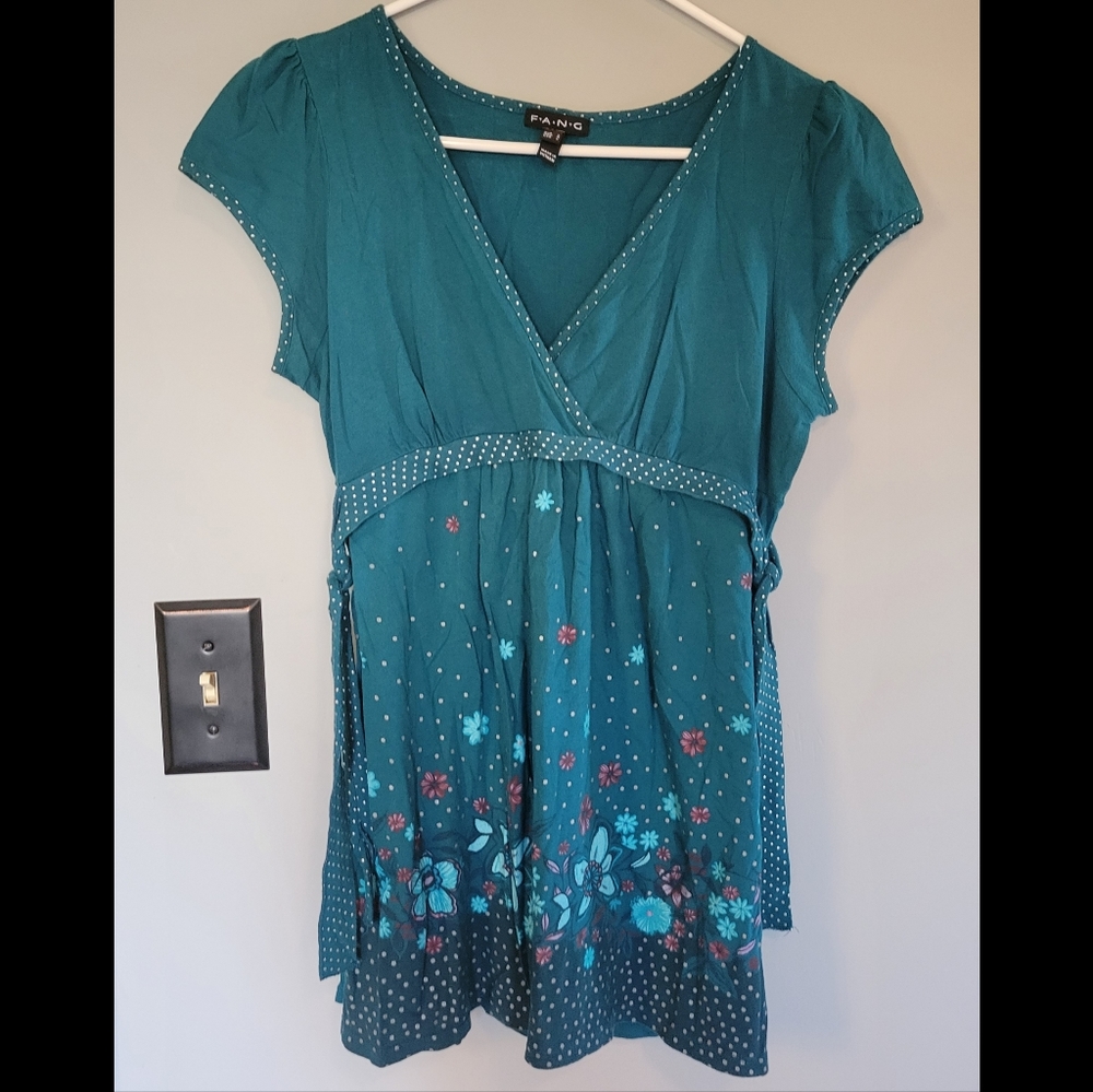 FANG Teal Floral Empire Waist Blouse